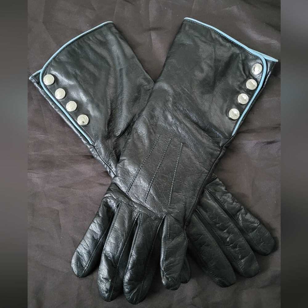 Women's Black Leather Gloves with Button Detail
